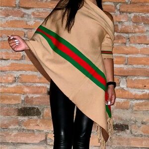 Chic Tan Poncho with Green and Red Stripes